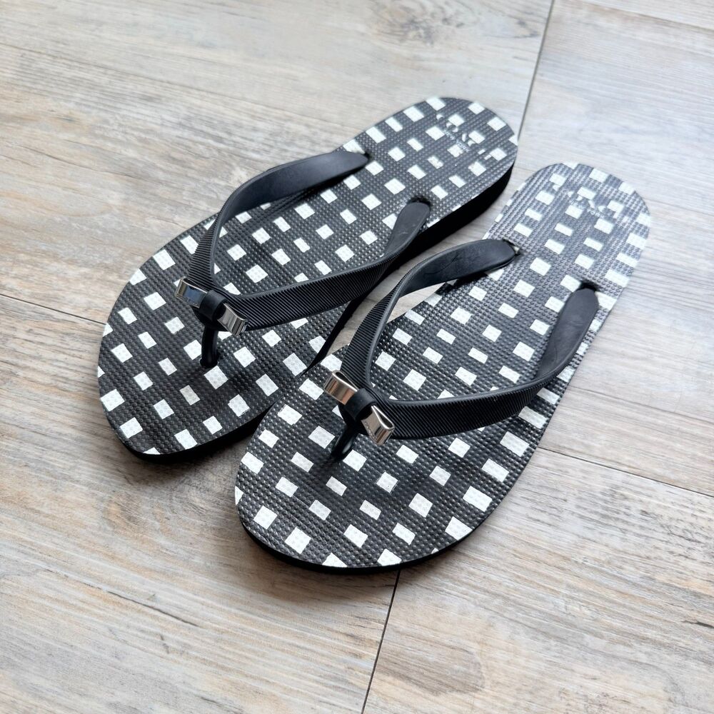 Coach Amel Black White Gingham Flip Flop Sandals Bow Thong Slides Women Size 5.5
